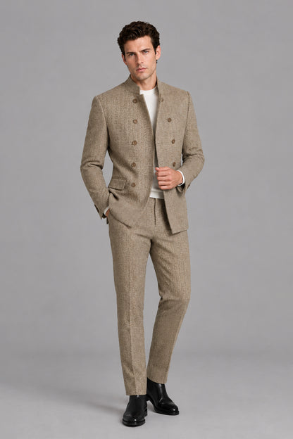 Savile Men's Khaki Beige Stand Collar 2-Piece Suit Set standing pose with hand on jacket