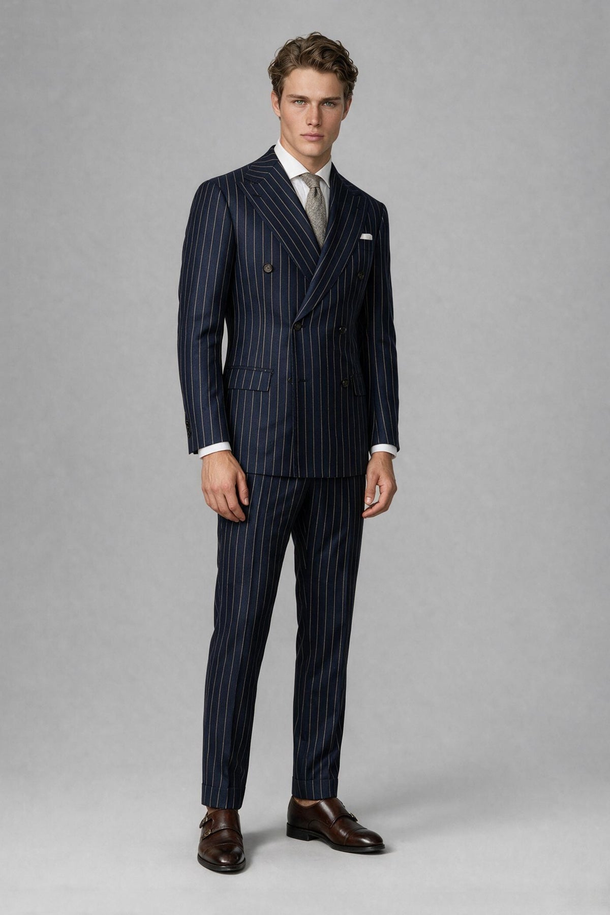 Savile QX0102 Men's Navy Blue Pinstripe Double-Breasted 2-Piece Suit - Side Profile View
