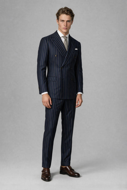 Savile QX0102 Men's Navy Blue Pinstripe Double-Breasted 2-Piece Suit - Side Profile View