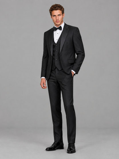 Savile Men's Black Peak Lapel 3-Piece Tuxedo Suit | Jacket, Vest & Trousers