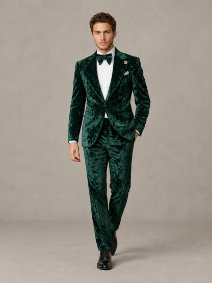 Savile Men's Emerald Green Crushed Velvet Peak Lapel 2-Piece Suit Set | Jacket & Trousers
