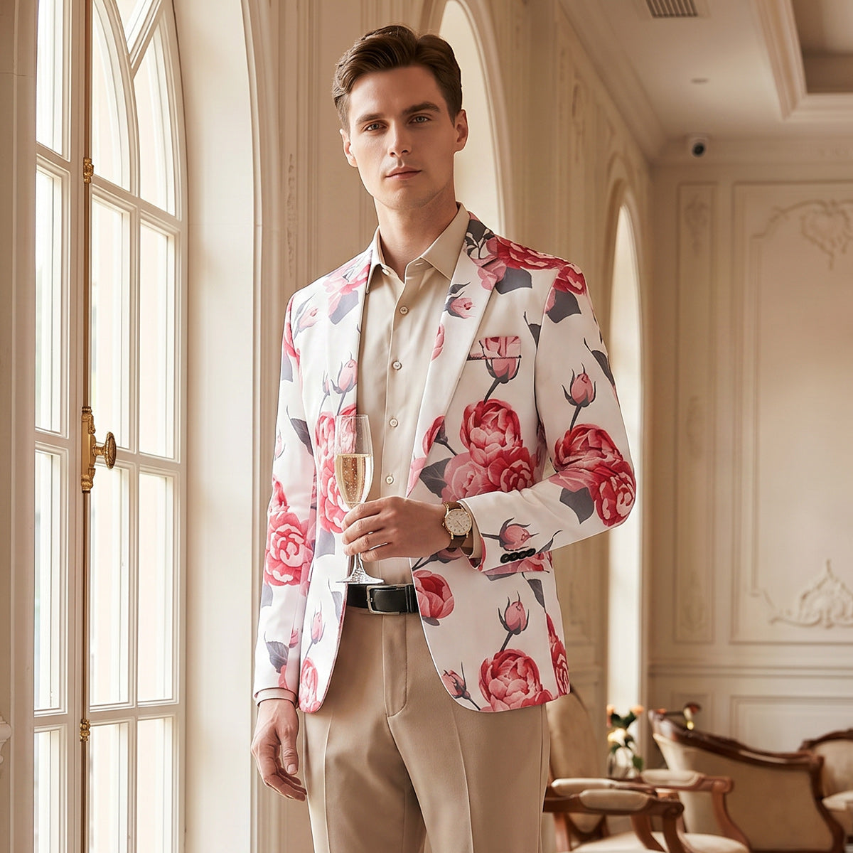 Tailored Fit Notch Single Breasted One-Button Printed Rose Men's Party Jacket