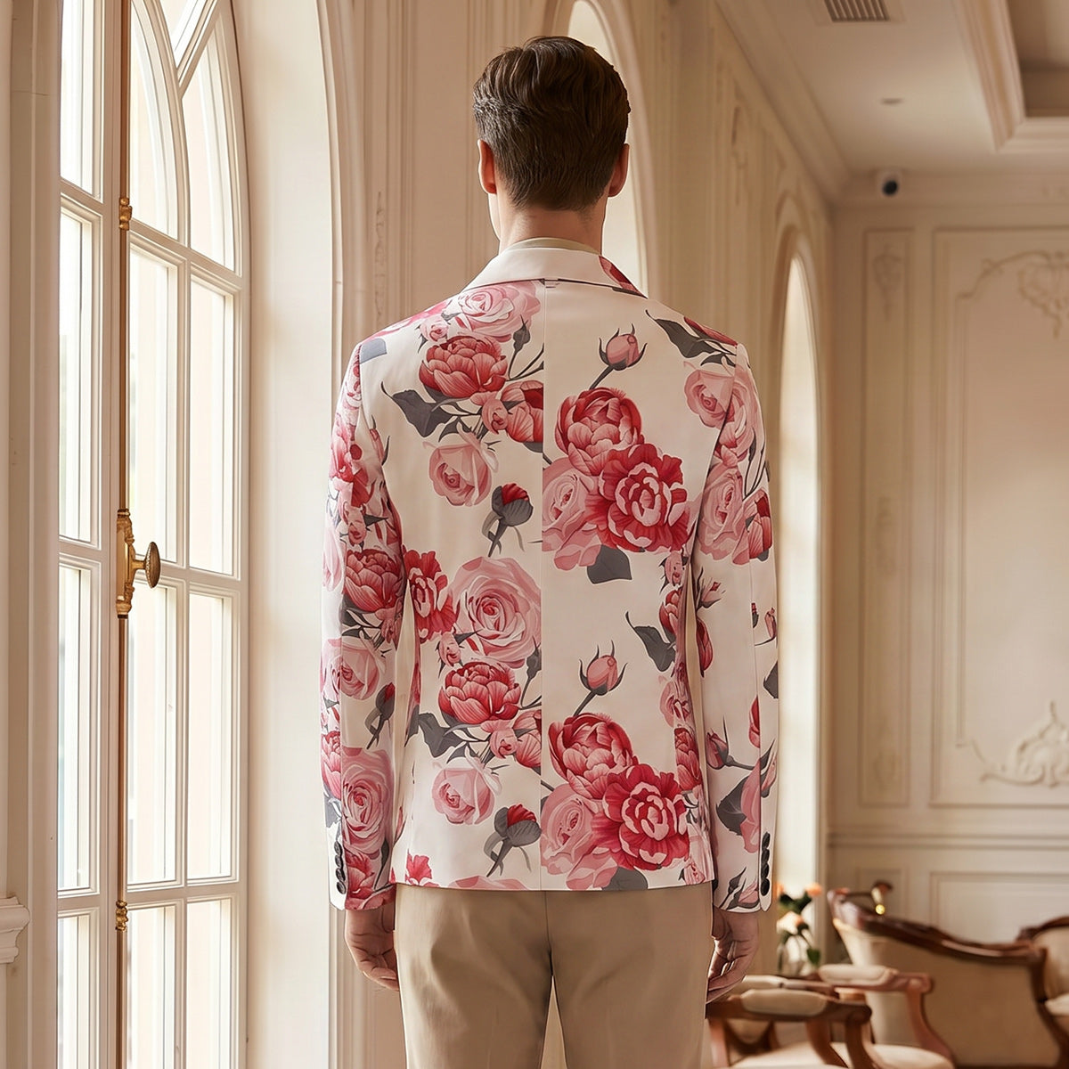 Tailored Fit Notch Single Breasted One-Button Printed Rose Men's Party Jacket