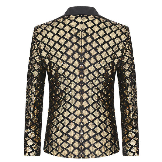 Tailored Fit Peaked Lapel Single Breasted One-Button Sequin Men's Party Jacket
