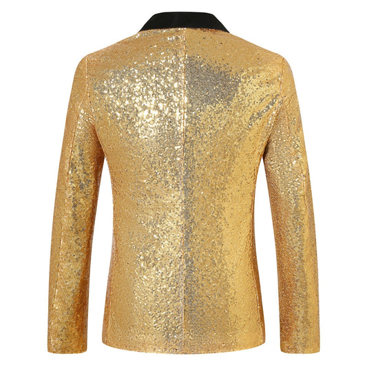 Tailored Fit Peaked Lapel Single Breasted One-Button Sequin Men's Party Jacket with Pockets