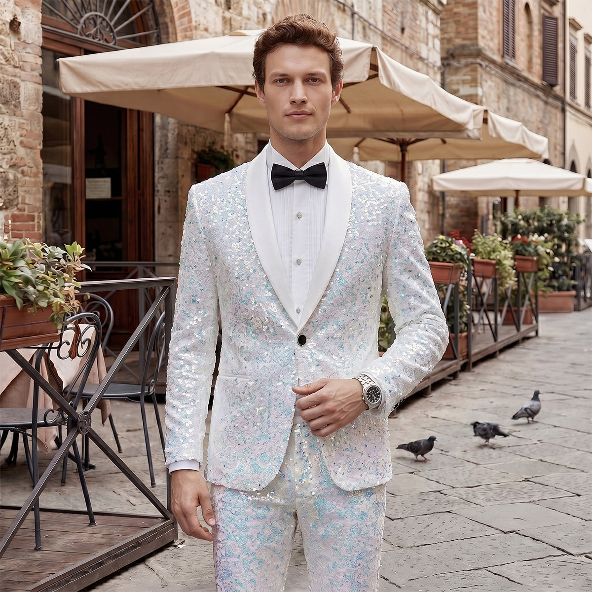 Tailored Fit Single Breasted One-button 2 Pieces Sequins Men's Casual Suits