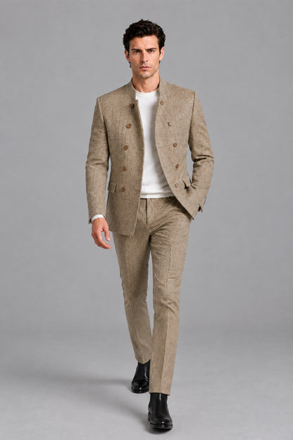 Walking stride view of Savile Men's Khaki Beige Stand Collar Double Breasted Suit Set