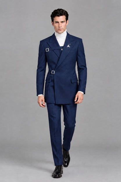 Close-up of Savile Men's Navy Blue Wrap Belted Jacket showing double buckle closure and peak lapel