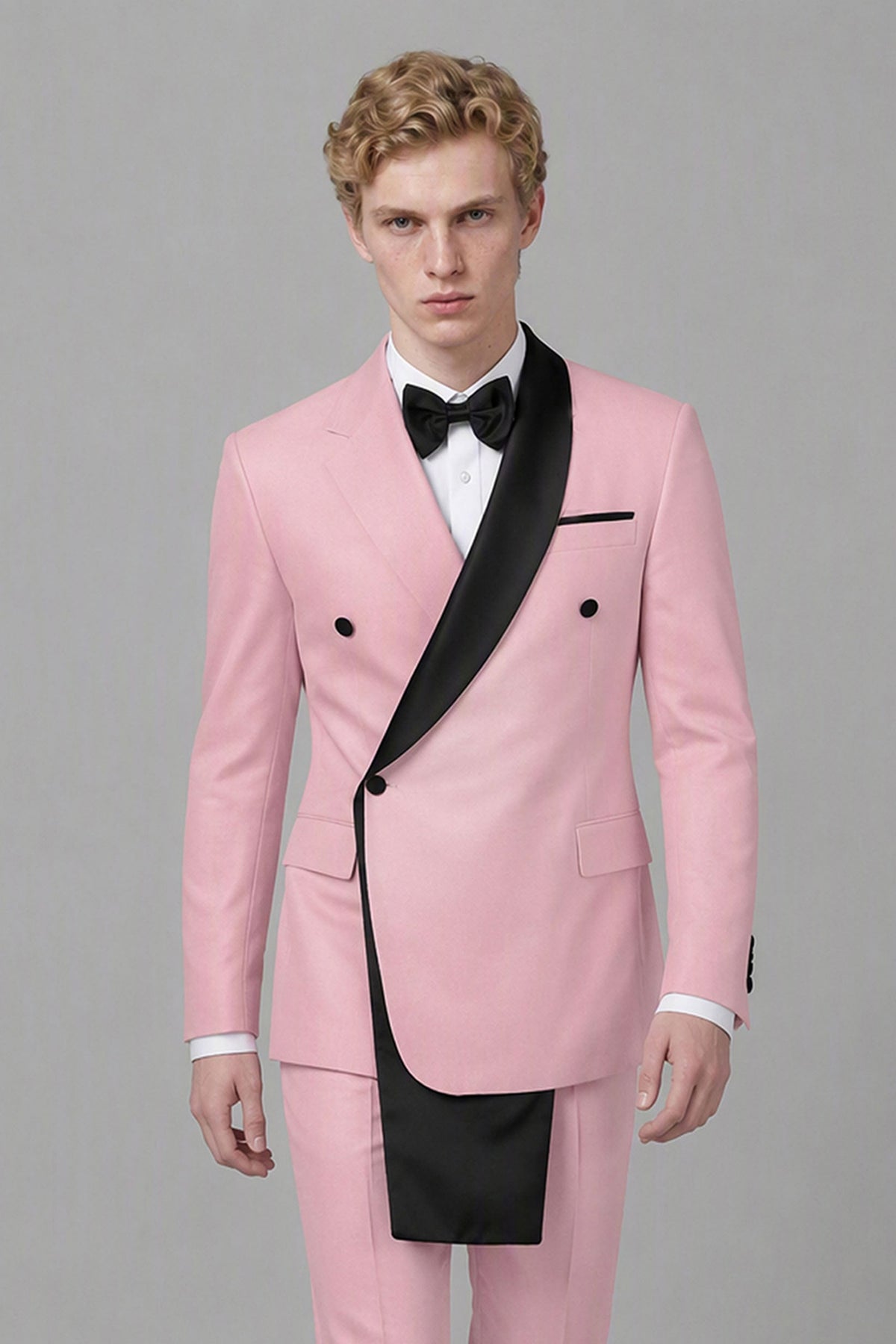 Men's Pink Double-Breasted Black Satin Shawl Lapel Tuxedo Suit Set | Blazer & Trousers