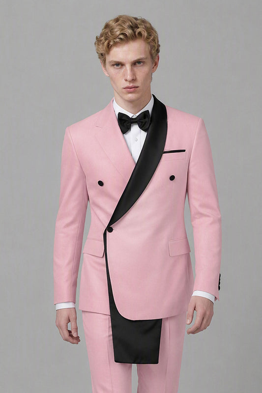 Men's Pink Double-Breasted Black Satin Shawl Lapel Tuxedo Suit Set | Blazer & Trousers