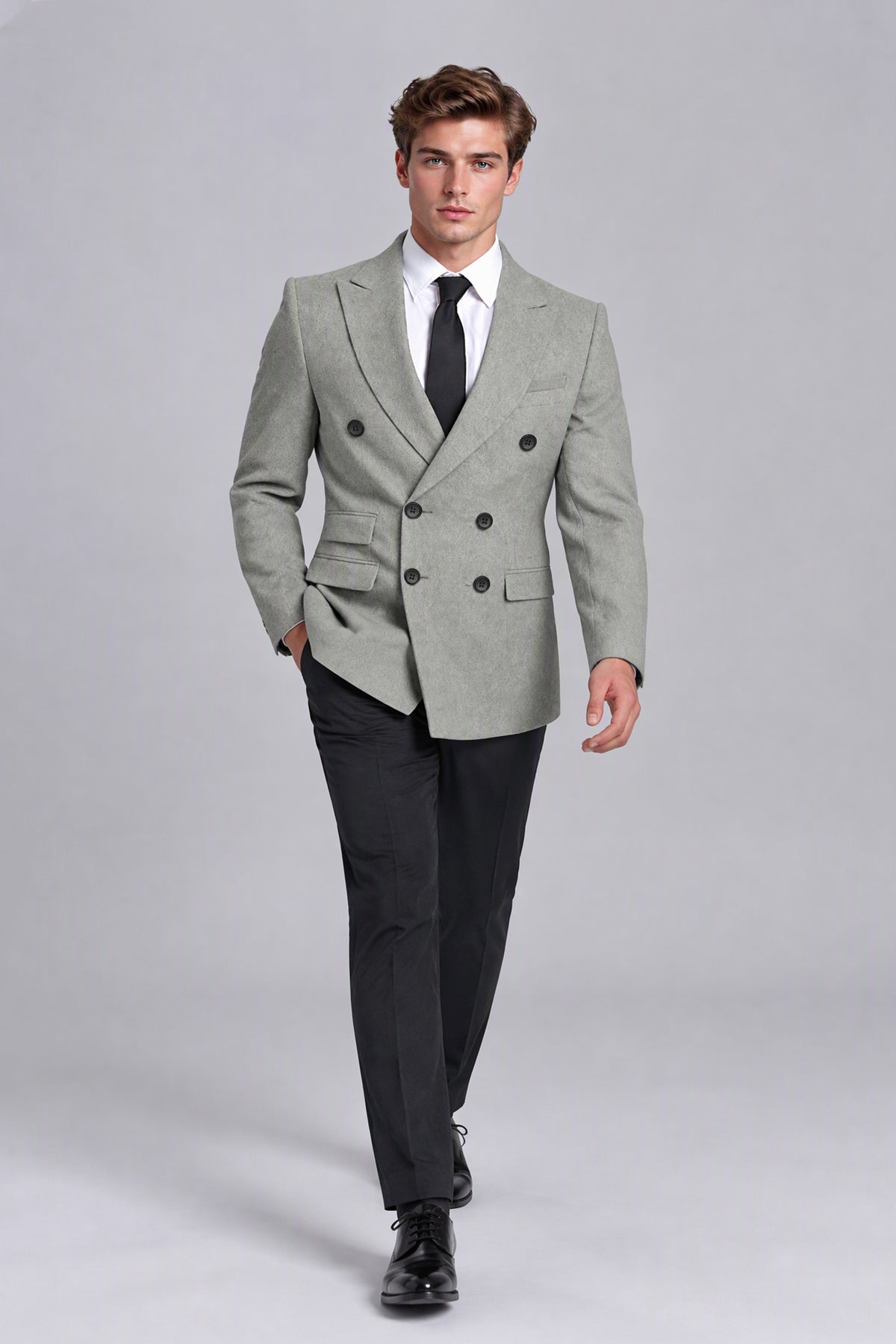 Savile Men's Light Grey Double-Breasted Blazer - Full-Body Back View