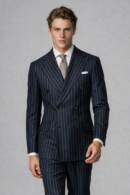 Savile Men's Navy Blue Pinstripe Double-Breasted 2-Piece Suit – Jacket & Trousers | QX0102