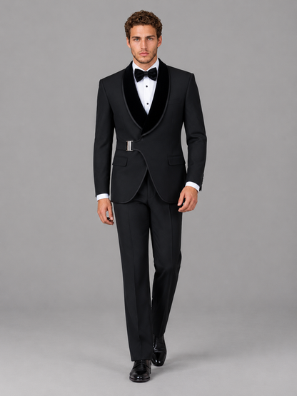 Savile Men's Black Velvet Shawl Lapel Tuxedo Suit – Modern Side-Buckle Dinner Jacket & Trousers 2-Piece Set