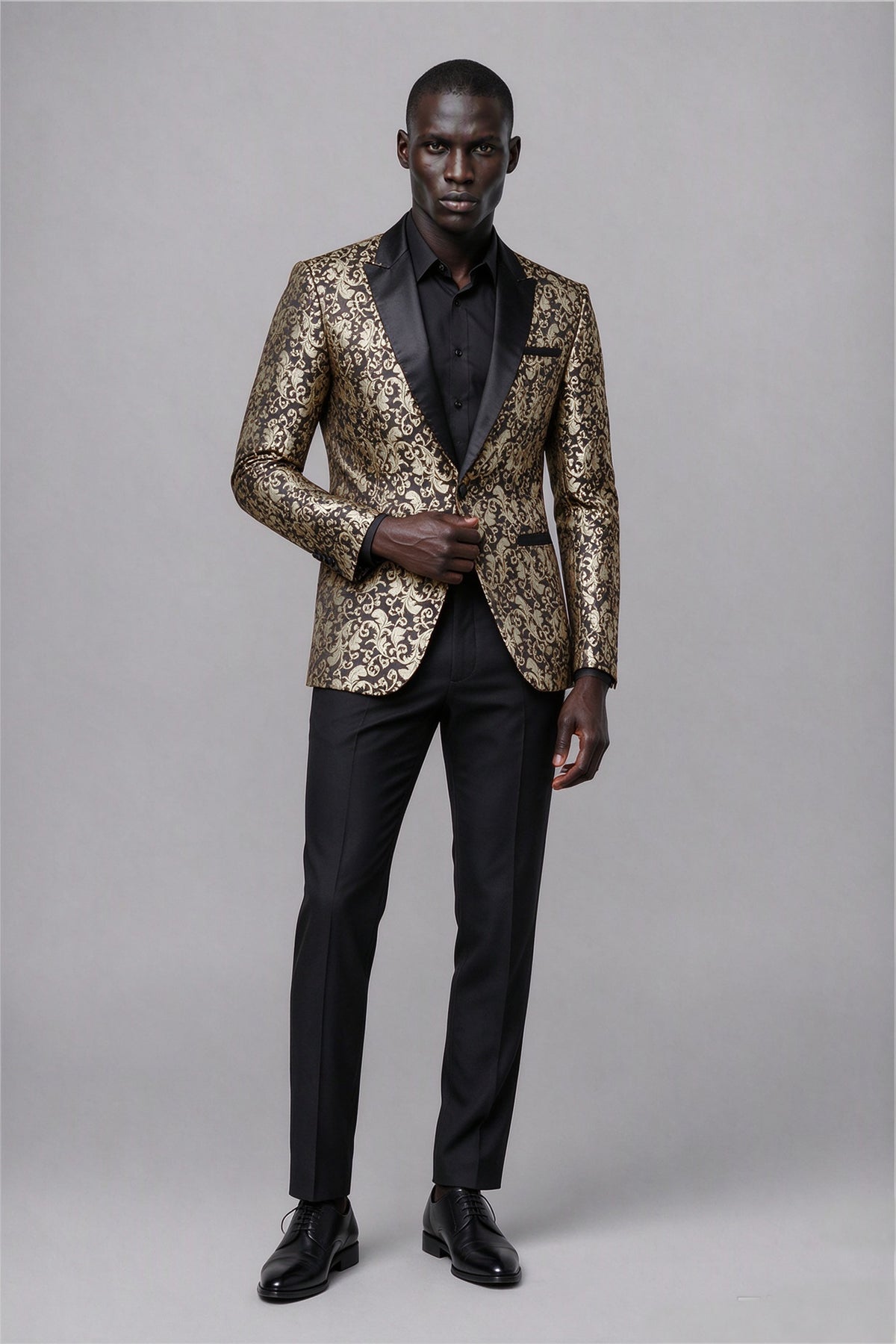 Savile Men's Black & Gold Jacquard Tuxedo Jacket | Slim-Fit Blazer with Peak Lapel