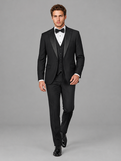 Savile Men's Black Peak Lapel 3-Piece Tuxedo Suit | Jacket, Vest & Trousers