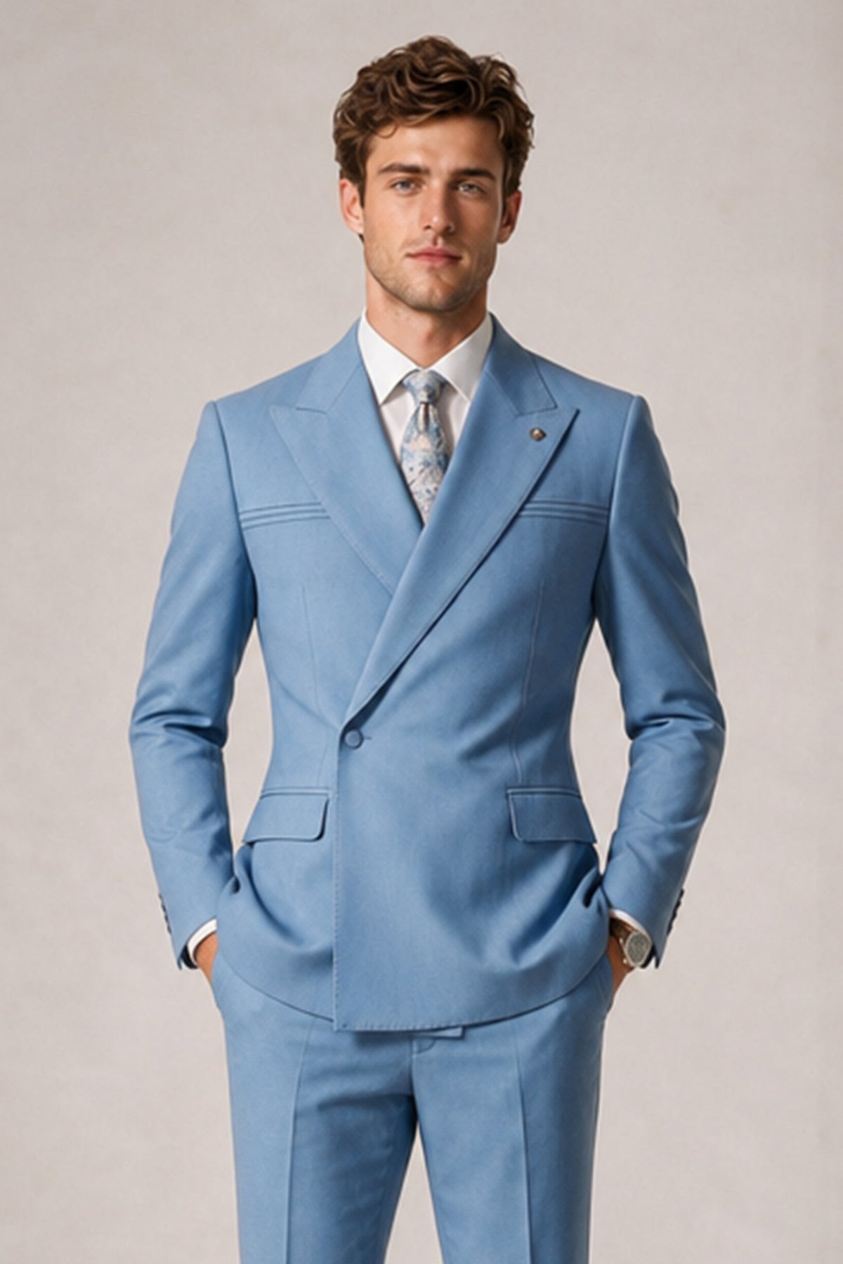 Savile Men's Sky Blue Double-Breasted Slim Fit 2-Piece Suit Set – Peak Lapel Blazer & Cuffed Trousers | Wedding Prom Formal