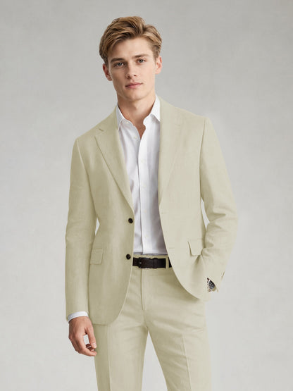 Savile Men's Sand Khaki Linen-Blend 2-Piece Suit Set – Two-Button Notch Lapel Slim-Fit Blazer & Slim Trousers - Almond - Almond