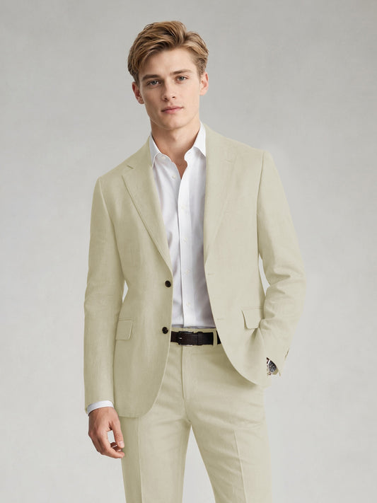 Savile Men's Sand Khaki Linen-Blend 2-Piece Suit Set – Two-Button Notch Lapel Slim-Fit Blazer & Slim Trousers - Almond - Almond