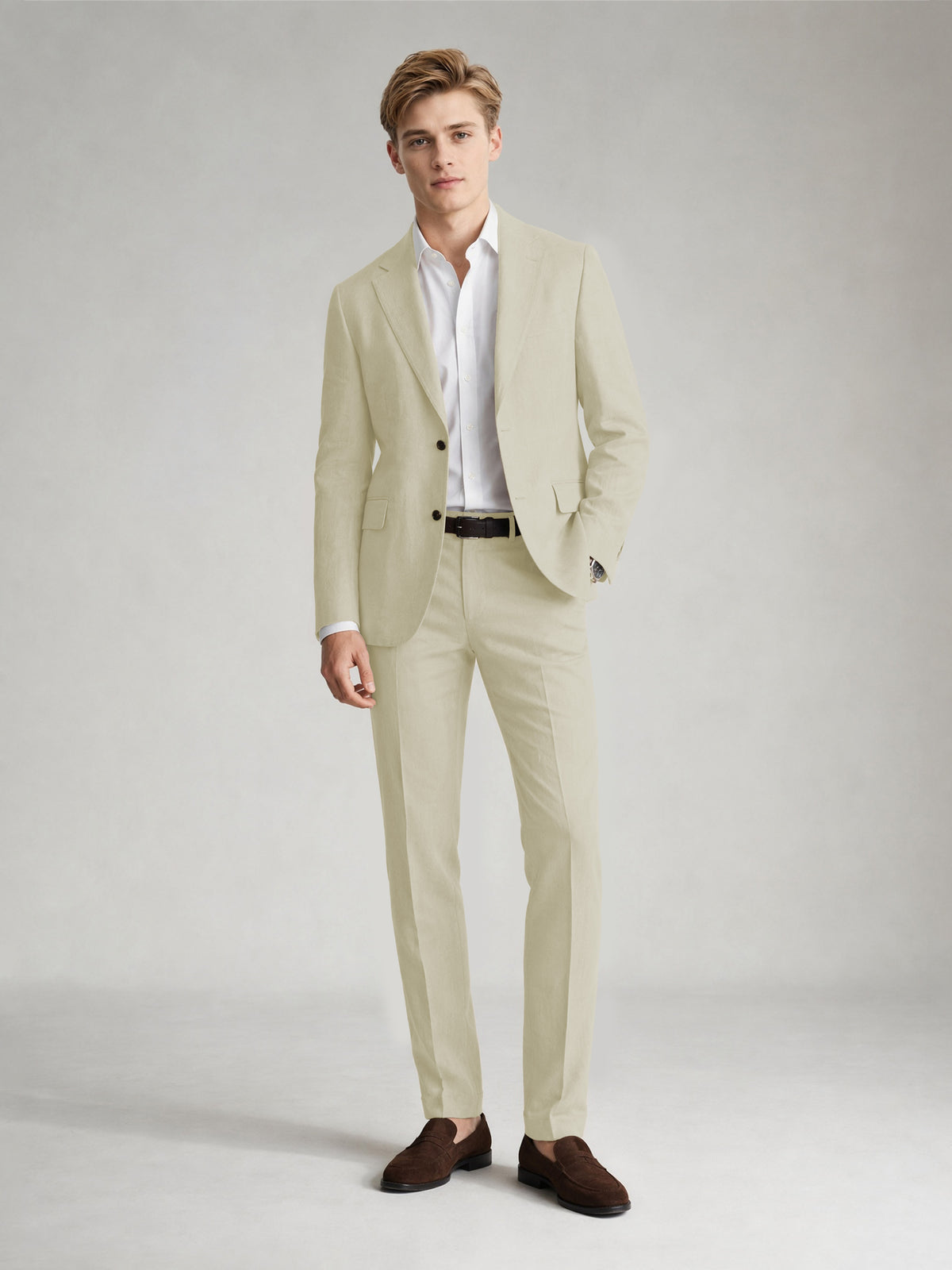 Savile Men's Sand Khaki Linen-Blend 2-Piece Suit Set – Two-Button Notch Lapel Slim-Fit Blazer & Slim Trousers - Almond - Almond