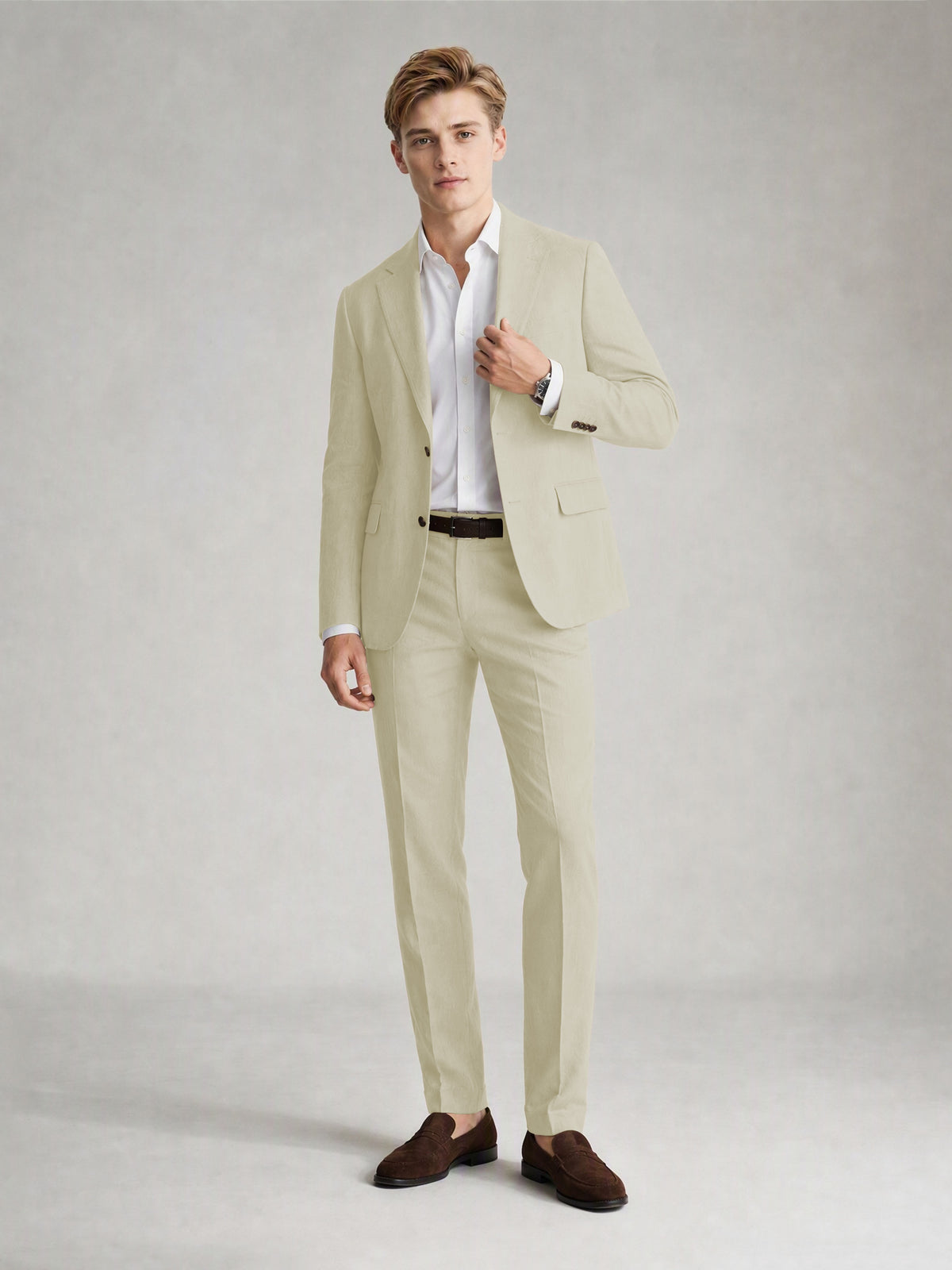 Savile Men's Sand Khaki Linen-Blend 2-Piece Suit Set – Two-Button Notch Lapel Slim-Fit Blazer & Slim Trousers - Almond - Almond