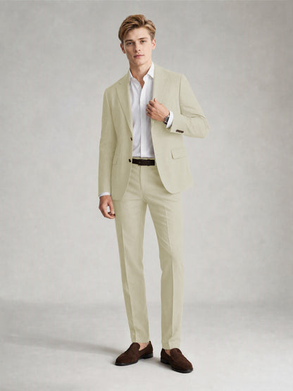 Savile Men's Sand Khaki Linen-Blend 2-Piece Suit Set – Two-Button Notch Lapel Slim-Fit Blazer & Slim Trousers - Almond - Almond