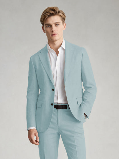 Savile Men's Sand Khaki Linen-Blend 2-Piece Suit Set – Two-Button Notch Lapel Slim-Fit Blazer & Slim Trousers - Aqua Blue - Aqua_Blue