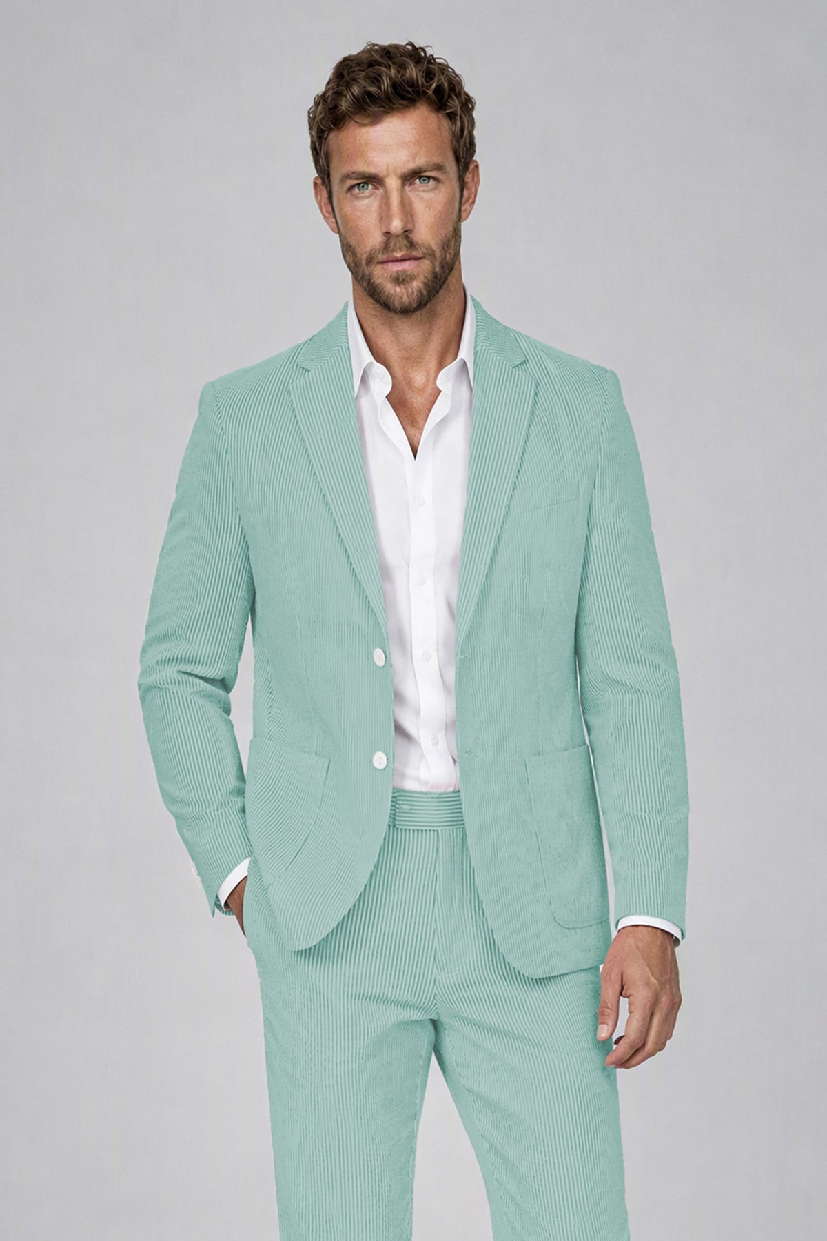 Savile Men's Aqua Blue Striped 2-Piece Suit Set – Notch Lapel Blazer & Tailored Trousers - Aqua Blue - Aqua_Blue(1)