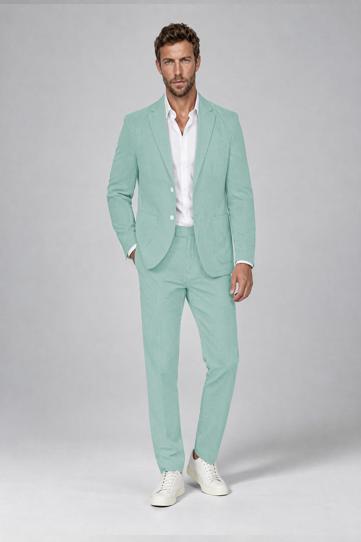 Savile Men's Aqua Blue Striped 2-Piece Suit Set – Notch Lapel Blazer & Tailored Trousers - Aqua Blue - Aqua_Blue(2)