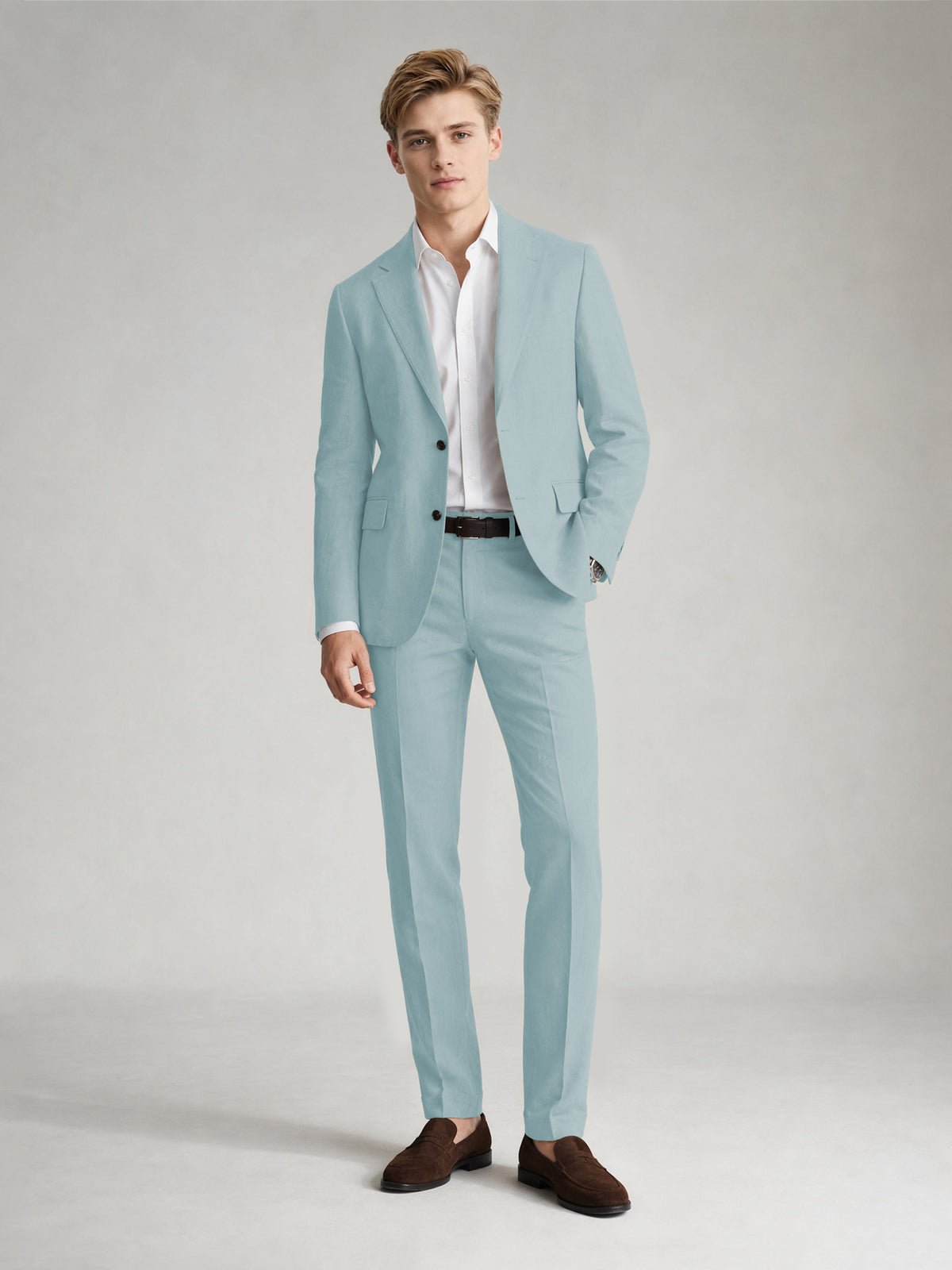Savile Men's Sand Khaki Linen-Blend 2-Piece Suit Set – Two-Button Notch Lapel Slim-Fit Blazer & Slim Trousers - Aqua Blue - Aqua_Blue
