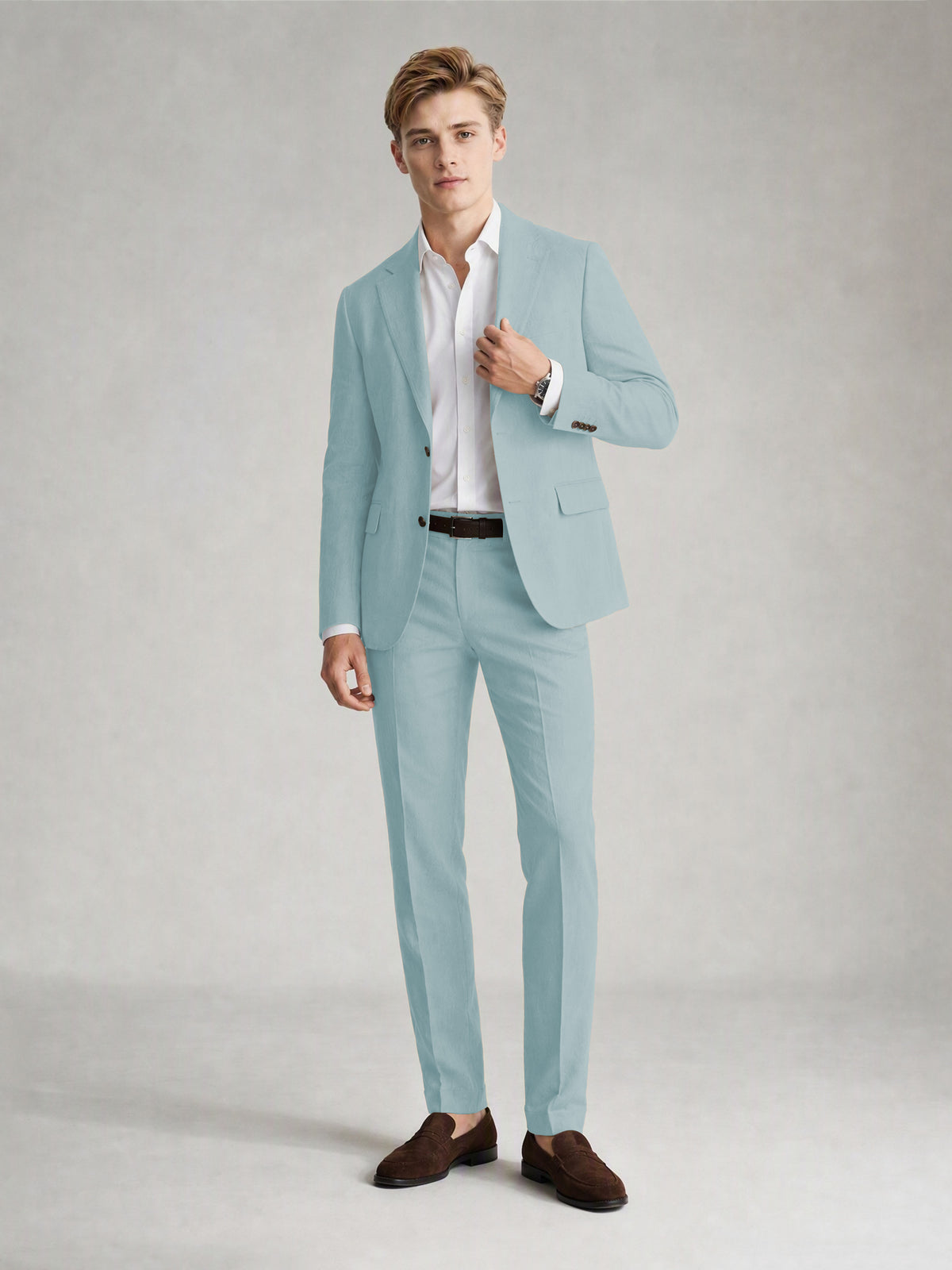 Savile Men's Sand Khaki Linen-Blend 2-Piece Suit Set – Two-Button Notch Lapel Slim-Fit Blazer & Slim Trousers - Aqua Blue - Aqua_Blue