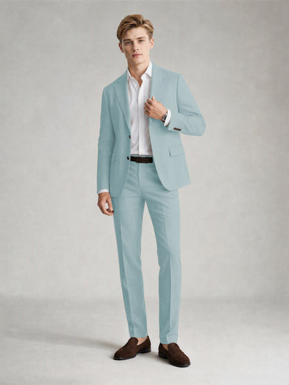 Savile Men's Sand Khaki Linen-Blend 2-Piece Suit Set – Two-Button Notch Lapel Slim-Fit Blazer & Slim Trousers - Aqua Blue - Aqua_Blue