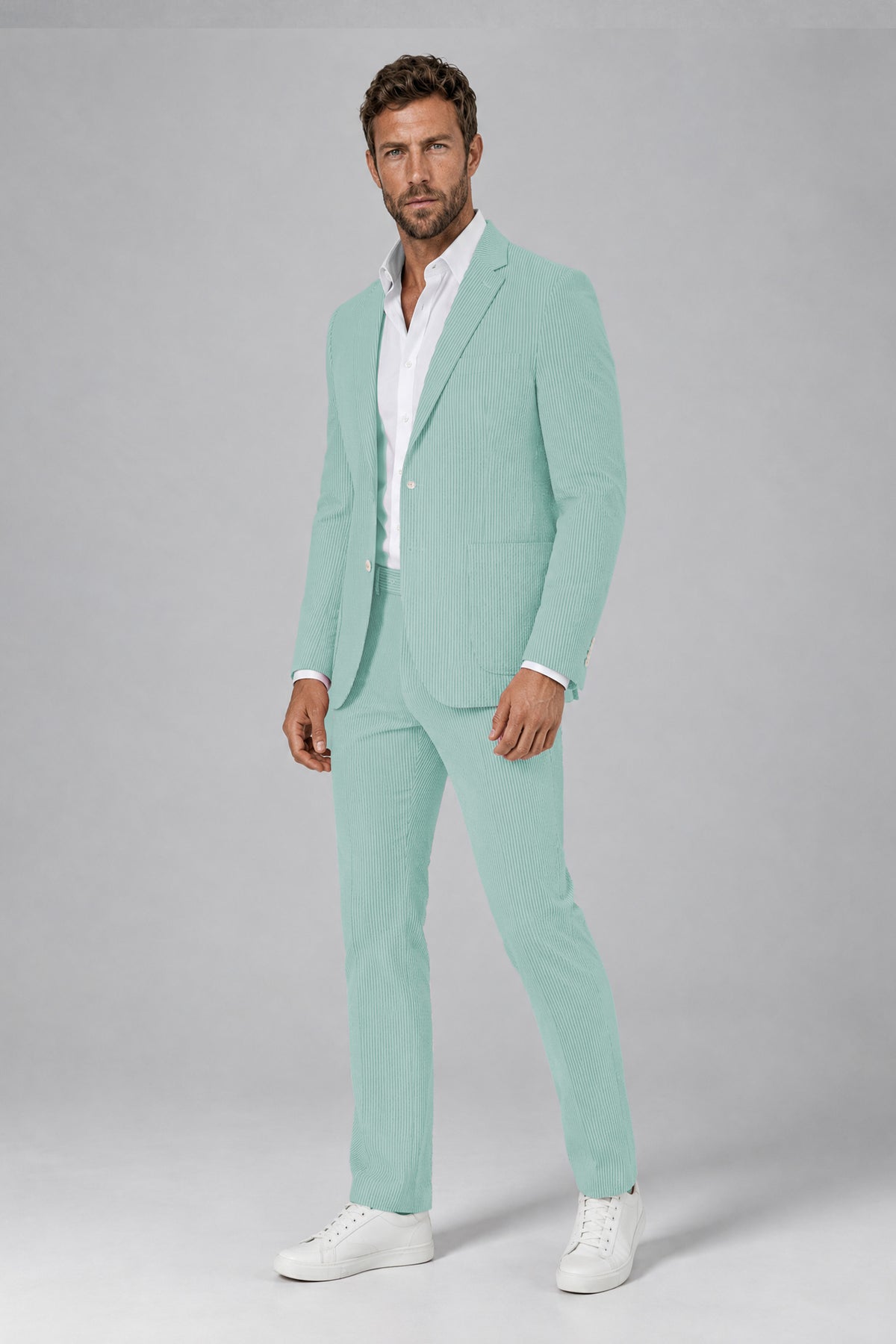 Savile Men's Aqua Blue Striped 2-Piece Suit Set – Notch Lapel Blazer & Tailored Trousers - Aqua Blue - Aqua_Blue(5)