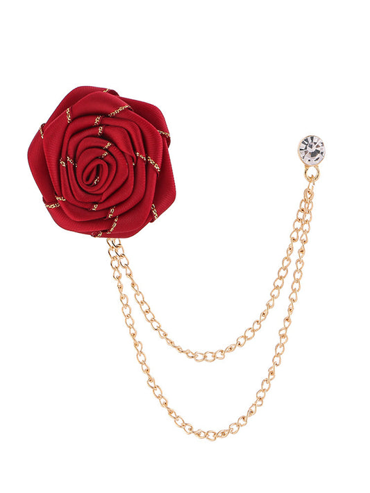 Savile Men's Burgundy Fabric Rose Lapel Pin with Hanging Gold Chains – Front Isolated View | PL0007-Burgundy