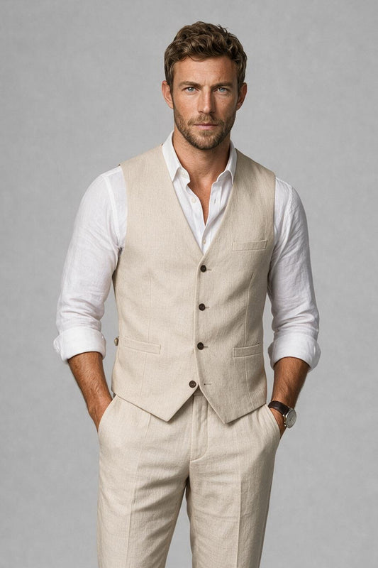 Side profile view of Savile beige linen waistcoat showing tailored slim fit and armhole cut