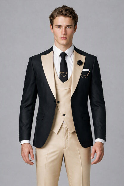 Full-length angled view of black and beige three-piece suit