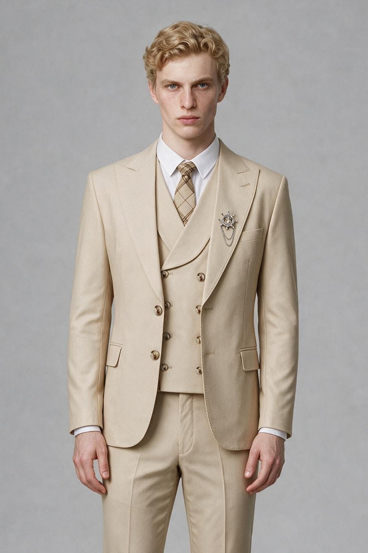 Front full-length view of Savile beige three-piece suit with jacket waistcoat and trousers