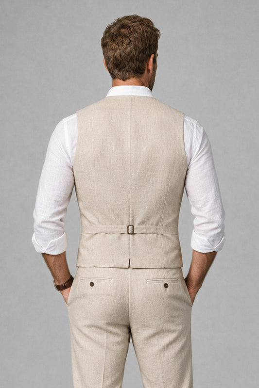 Men's slim-fit beige linen blend single-breasted V-neck suit vest front view by Savile