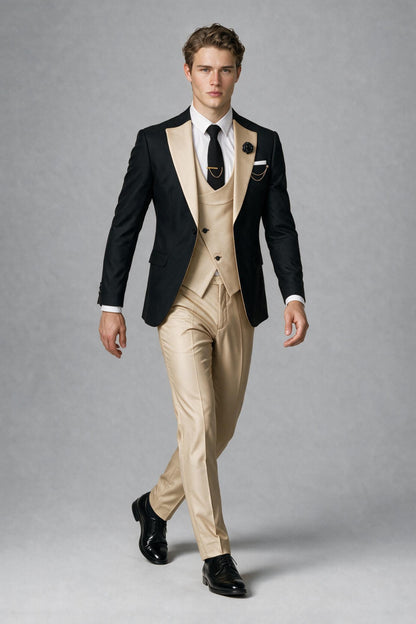 Close front view of black jacket with beige peak lapels and beige waistcoat