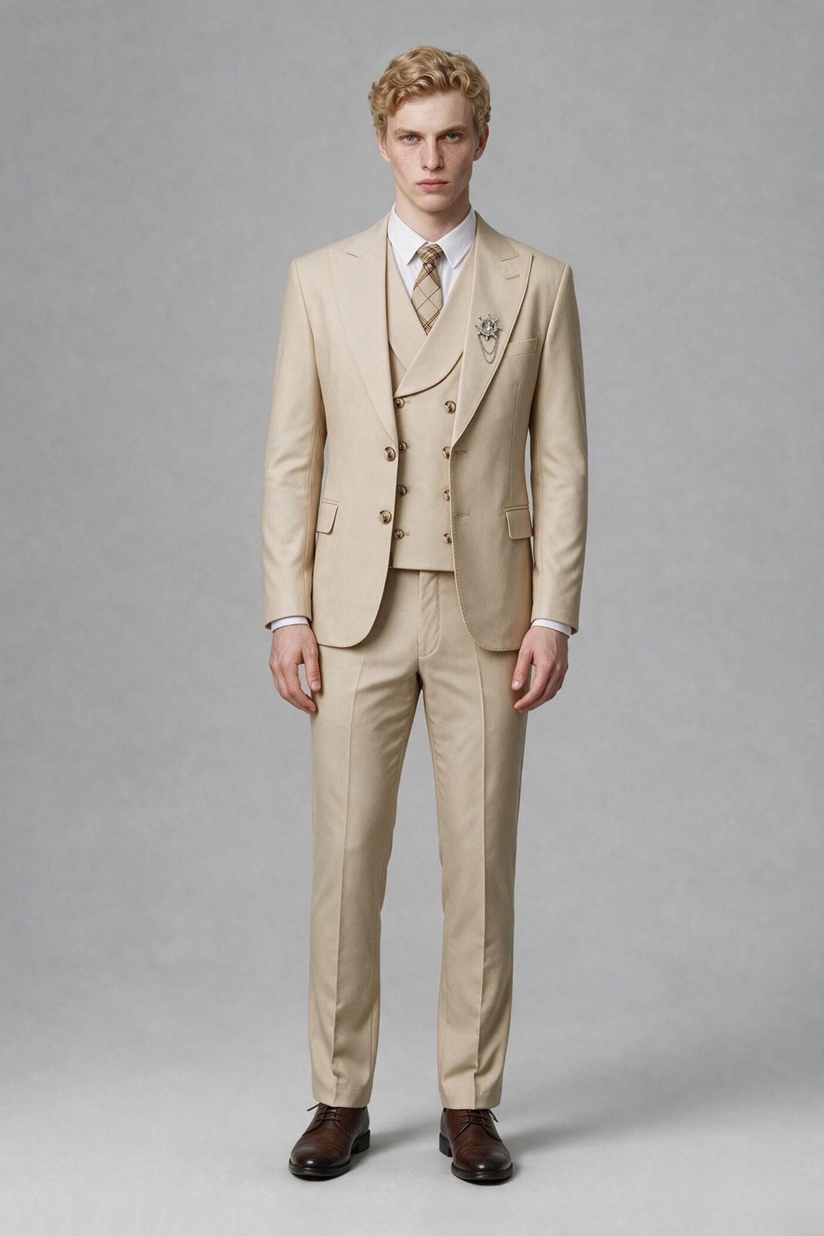 Close front view of beige jacket and double-breasted waistcoat