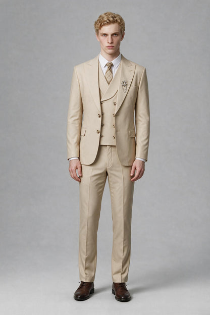 Close front view of beige jacket and double-breasted waistcoat