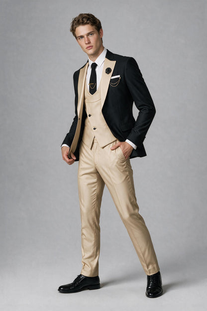Walking full-length view of black jacket and beige trousers three-piece suit