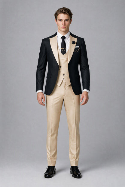 Front full-length view of Savile black jacket and beige waistcoat and trousers three-piece suit