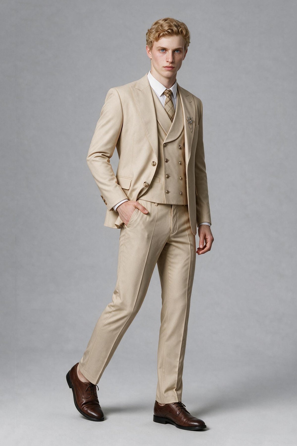 Back view of Savile beige suit jacket and trousers