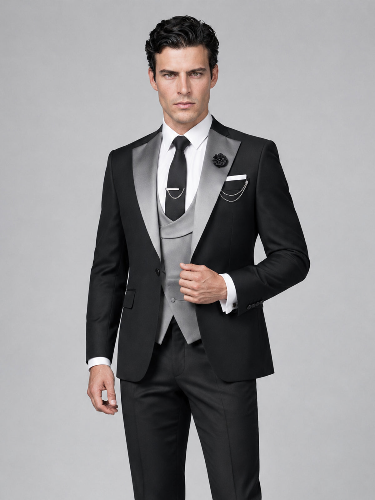 Savile Men's Black Tuxedo Suit Jacket and Grey Waistcoat Upper Body Front View