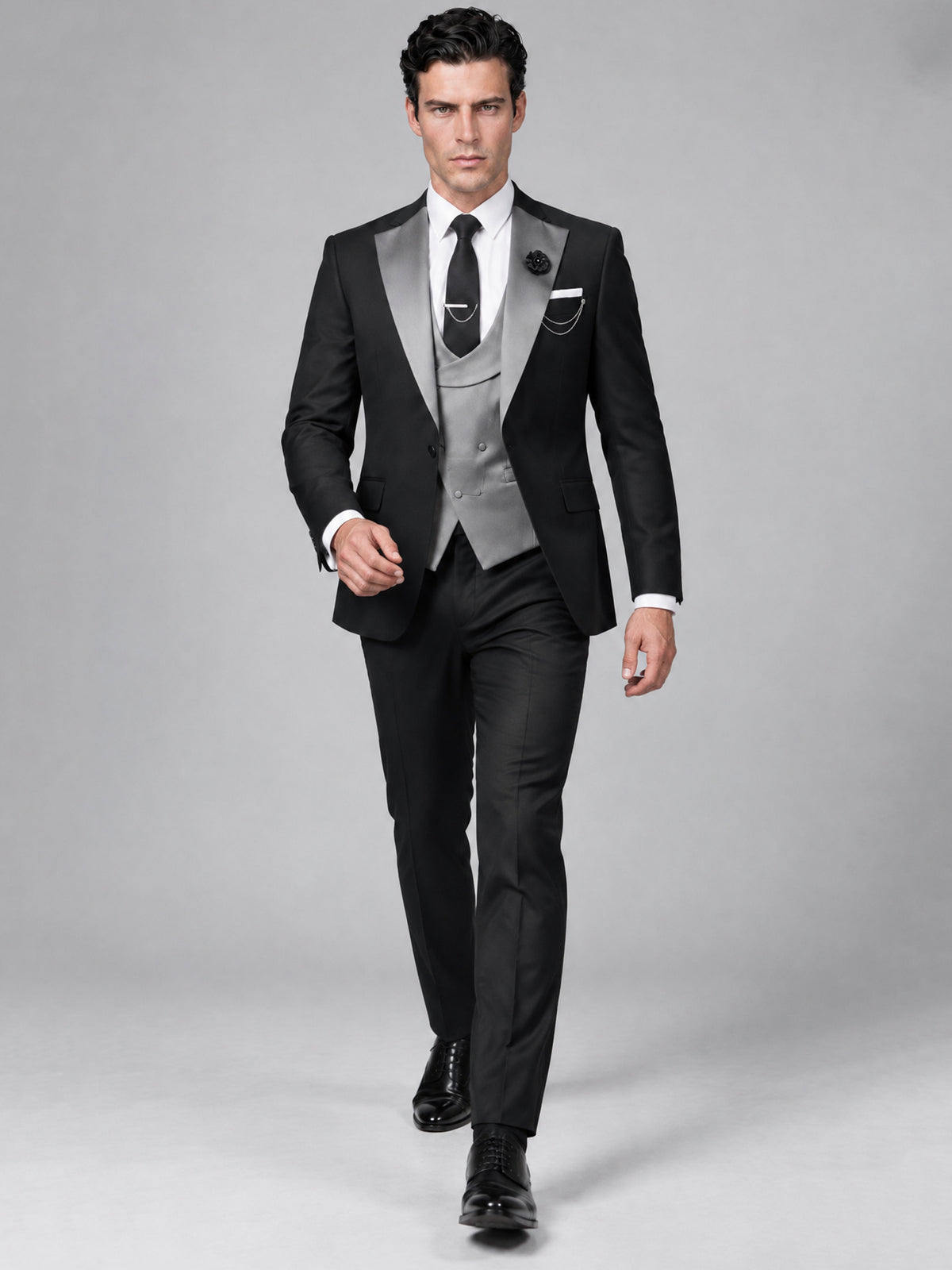 Savile Men's Black Slim Fit 3-Piece Tuxedo Suit Full Body Walking View