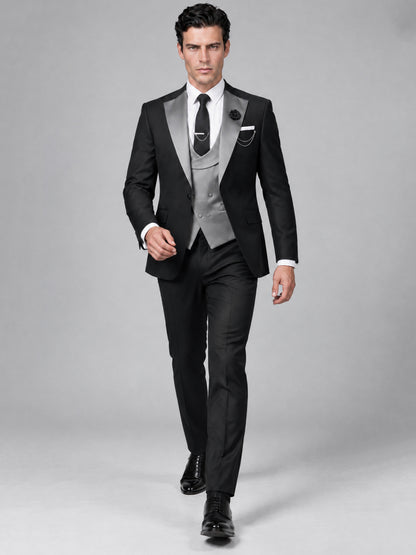 Savile Men's Black Slim Fit 3-Piece Tuxedo Suit Full Body Walking View
