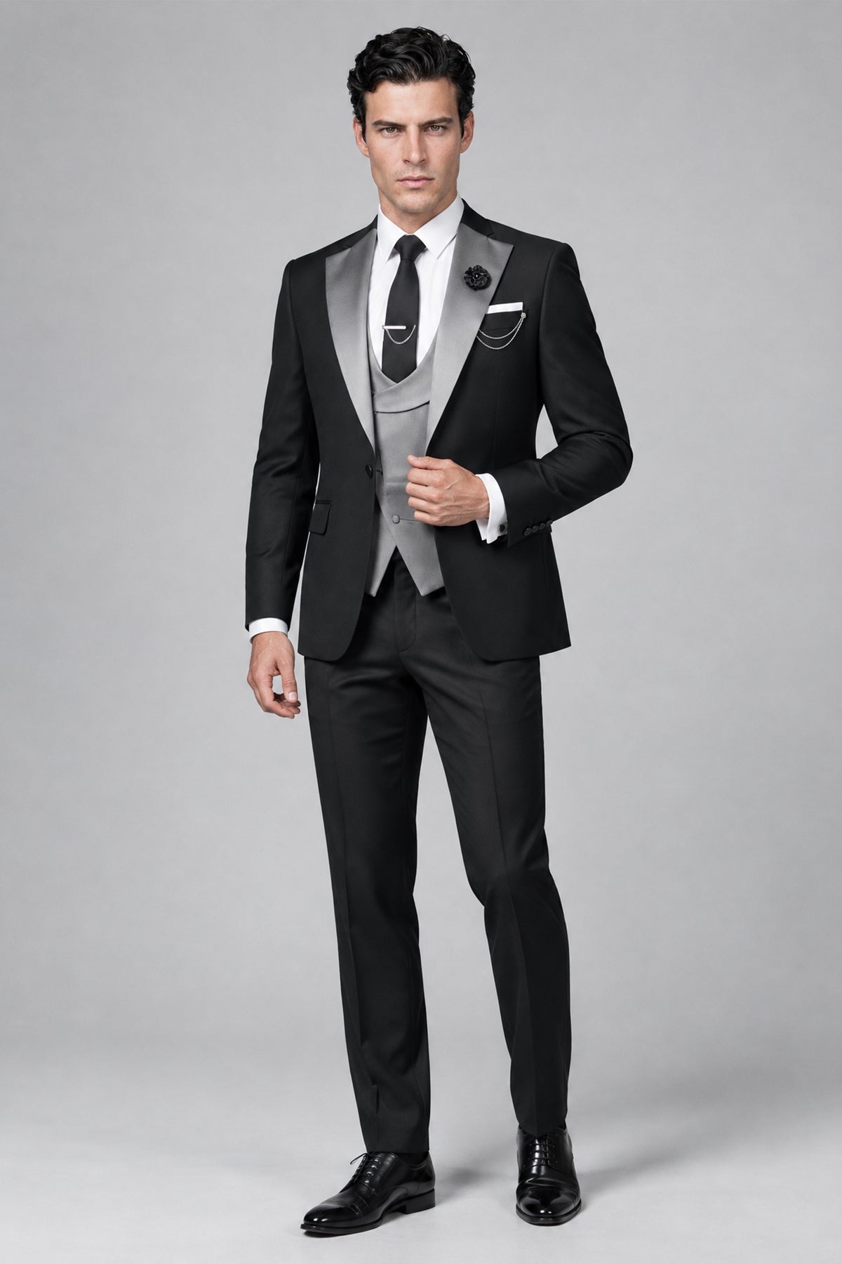 Savile Men's Black 3-Piece Tuxedo Suit with Contrast Silver Peak Lapel and Grey Vest Full-Length View