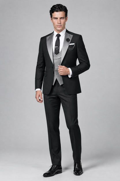 Savile Men's Black 3-Piece Tuxedo Suit with Contrast Silver Peak Lapel and Grey Vest Full-Length View