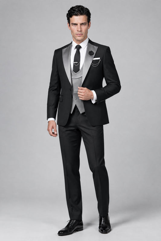 Savile Men's Black 3-Piece Tuxedo Suit with Contrast Silver Peak Lapel and Grey Vest Full-Length View