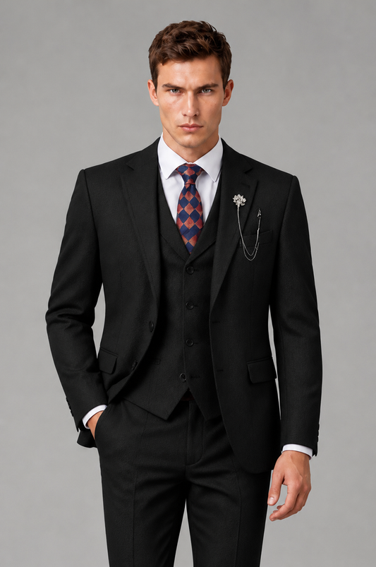 Savile Men's Grey Notch Lapel 3-Piece Suit Set | Jacket, Vest & Trousers - Black - Black